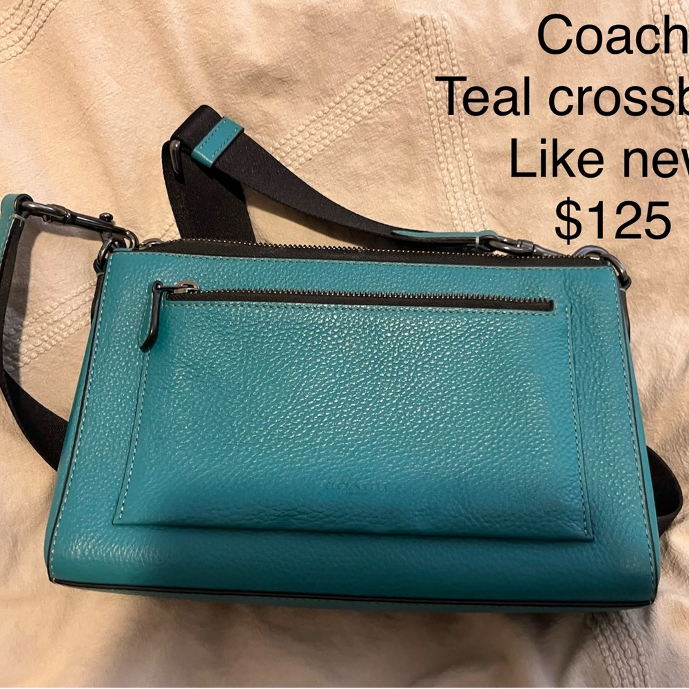 Coach Black Leather Wristlet with Teal Accent Pull
